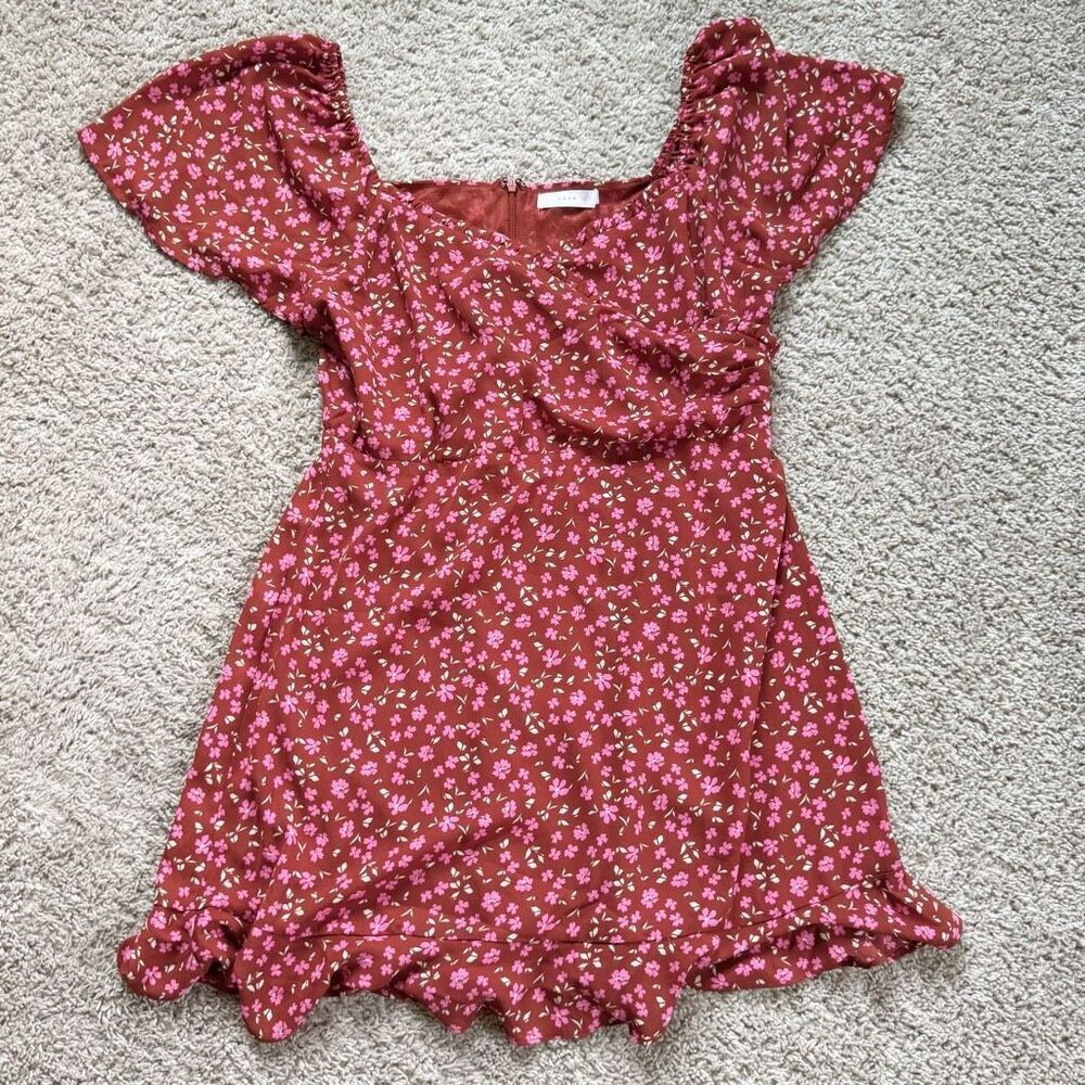 Lush Mini Dress Womens XL Red Milkmaid Distsy Floral Puff Sleeve Ruffle